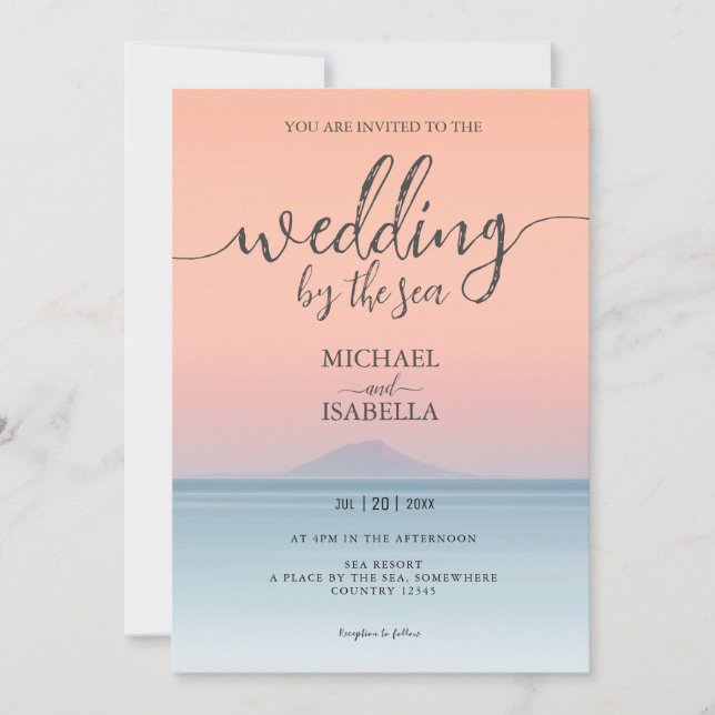Invitación Boda junto al mar bajo la puesta de sol del cielo  (Anverso)