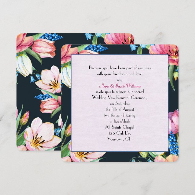 Invitación boda jurar renovación acuarela floral sobre negro (Anverso / Reverso)