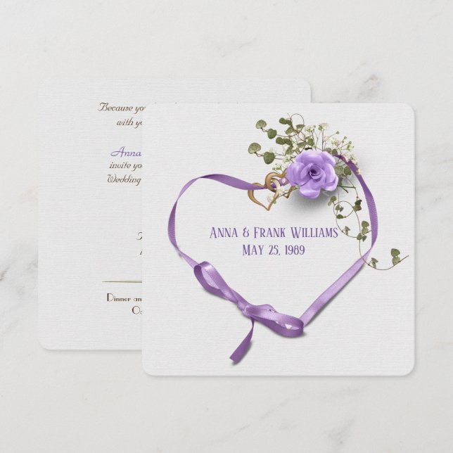 Invitación boda jurar renovación de la cinta púrpura corazón  (Anverso / Reverso)