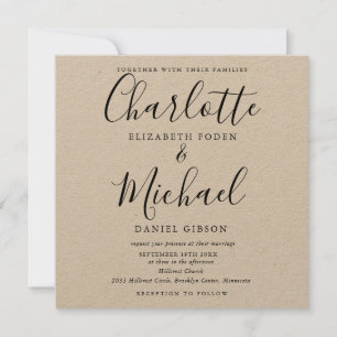Invitación Boda Kraft de Escritura Negra Rústica Elegante