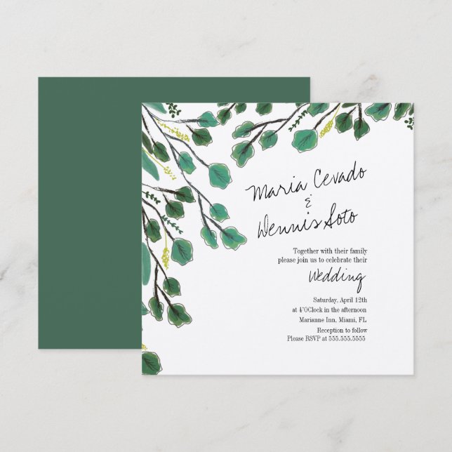 Invitación Boda Kraft de letra de hoja dibujada a mano de euc (Anverso / Reverso)