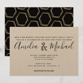 Invitación Boda Kraft dorada y negra con geometría moderna