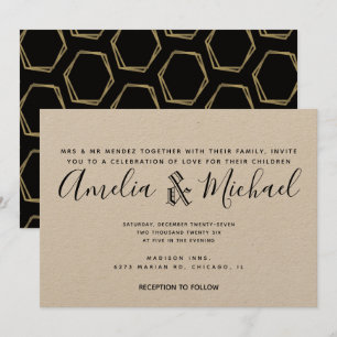 Invitación Boda Kraft dorada y negra con geometría moderna