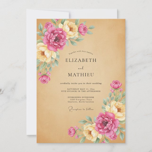 Invitación Boda Kraft Peonía Rosa (Anverso)