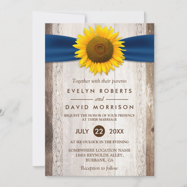 Invitación Boda Lace Rustic Barn Wood Cinta de girasol (Anverso)