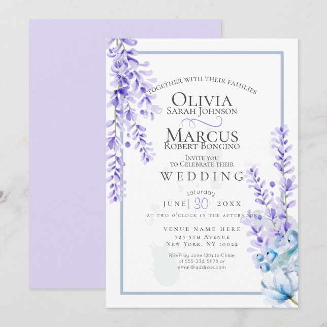 Invitación Boda | Lavanda acuarela - Flores azul turquesa (Anverso / Reverso)