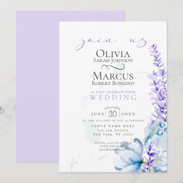 Invitación Boda | Lavanda acuarela - Flores azul turquesa (Anverso / Reverso)