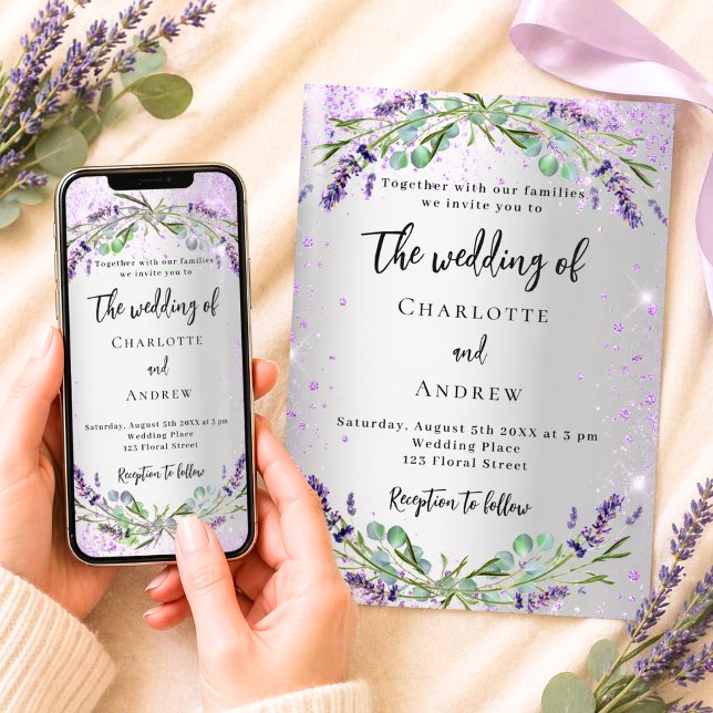 Invitación Boda lavanda plata eucalipto floral verde (Subido por el creador)