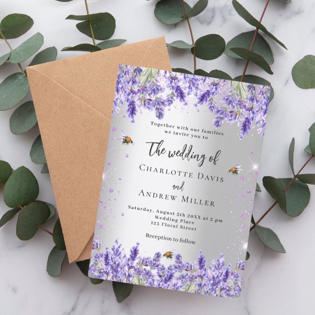 Invitación Boda lavanda plateada florero prima de abejas (Subido por el creador)