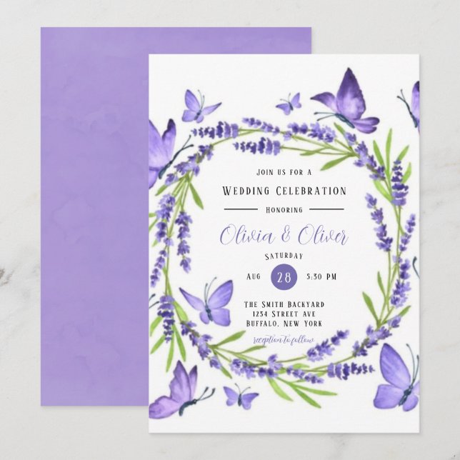 Invitación Boda Lavender Wisteria Y Mariposas (Anverso / Reverso)