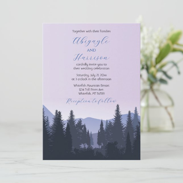 Invitación Boda Lavender y Dusty Blue Mountain (Anverso de pie)
