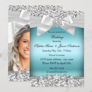 Invitación Boda Lazo de joya con brillo azul plateado