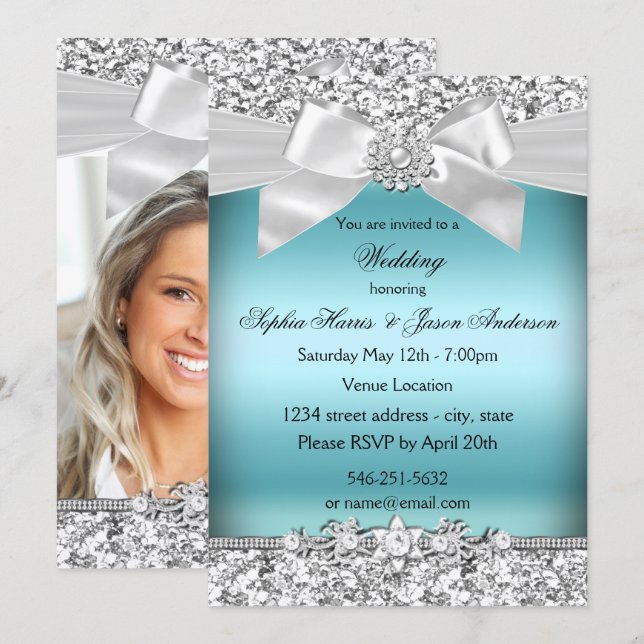 Invitación Boda Lazo de joya con brillo azul plateado (Anverso / Reverso)