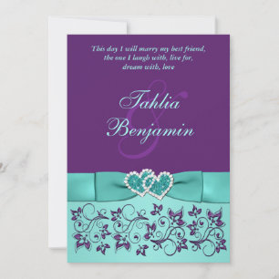Invitación Boda   Lazo IMPRESO Aqua, Púrpura   Floral