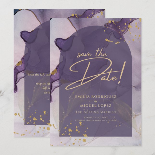 Invitación Boda LeahG Ink Ombre Purple Lavender Gold (Anverso / Reverso)