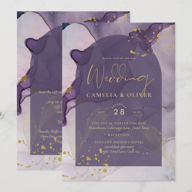 Invitación Boda LeahG Ink Ombre Purple Lavender Gold (Anverso / Reverso)