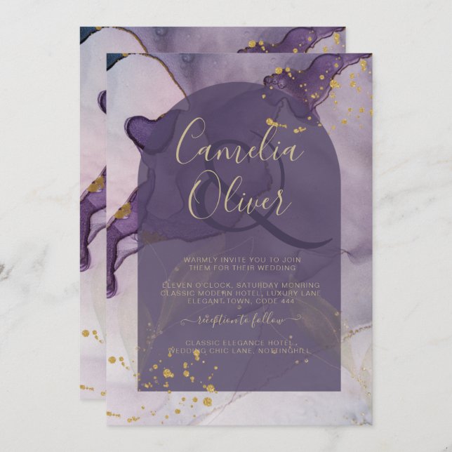 Invitación Boda LeahG Ink Ombre Purple Lavender Gold (Anverso / Reverso)