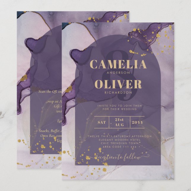 Invitación Boda LeahG Ink Ombre Purple Lavender Gold (Anverso / Reverso)