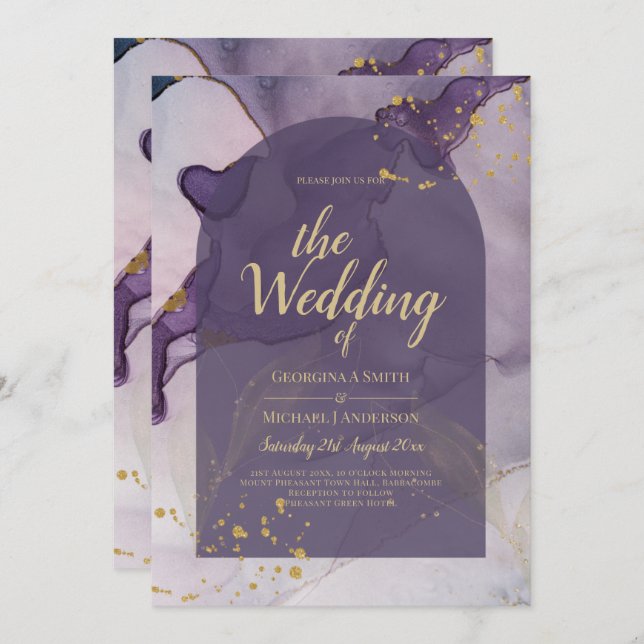 Invitación Boda LeahG Ink Ombre Purple Lavender Gold (Anverso / Reverso)