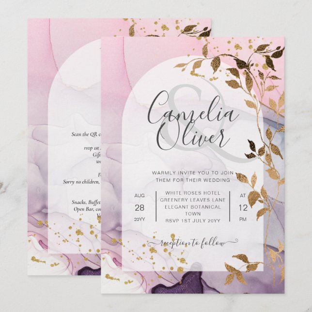 Invitación Boda LeahG Ink Ombre Púrpura Rosa Oro (Anverso / Reverso)