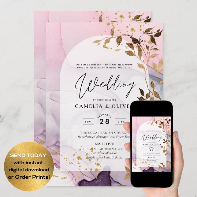 Invitación Boda LeahG Ink Ombre Púrpura Rosa Oro (Subido por el creador)