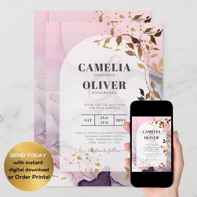Invitación Boda LeahG Ink Ombre Púrpura Rosa Oro (Subido por el creador)