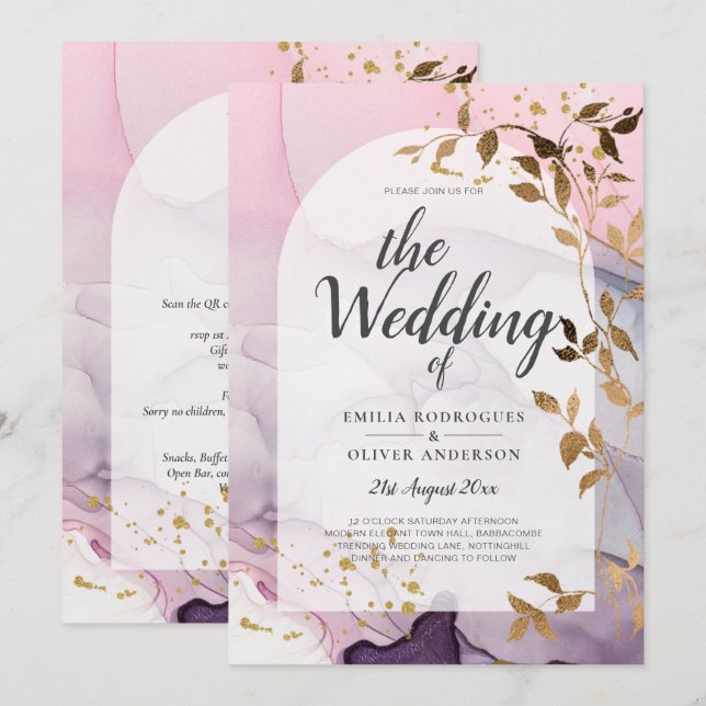 Invitación Boda LeahG Ink Ombre Púrpura Rosa Oro (Anverso / Reverso)