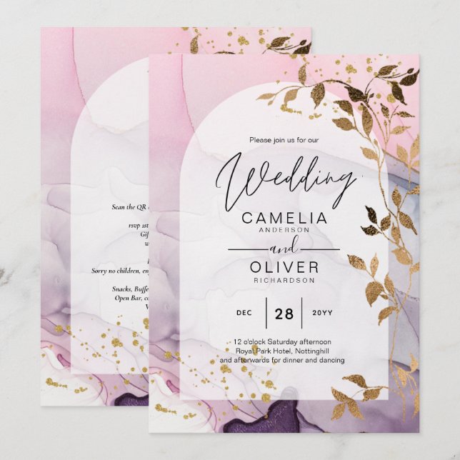 Invitación Boda LeahG Ink Ombre Púrpura Rosa Oro (Anverso / Reverso)