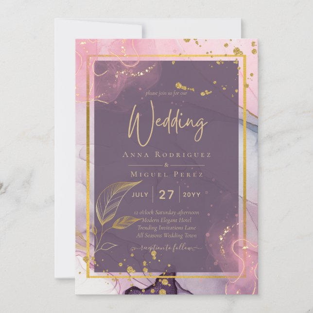 Invitación Boda LeahG® Lavender INK Mauve Purple Gold (Anverso)