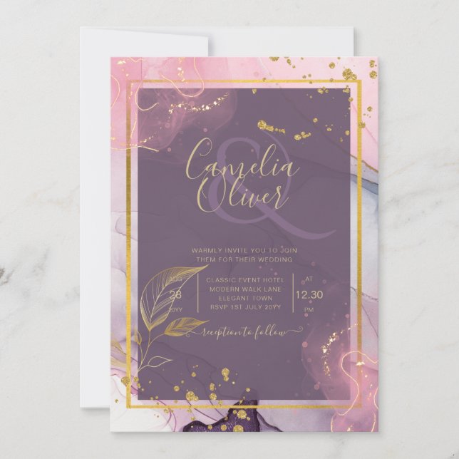 Invitación Boda LeahG® Lavender INK Mauve Purple Gold (Anverso)