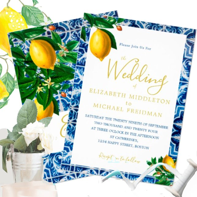 Invitación Boda Lemons Blue White Tiles Toscana Elegante (Subido por el creador)