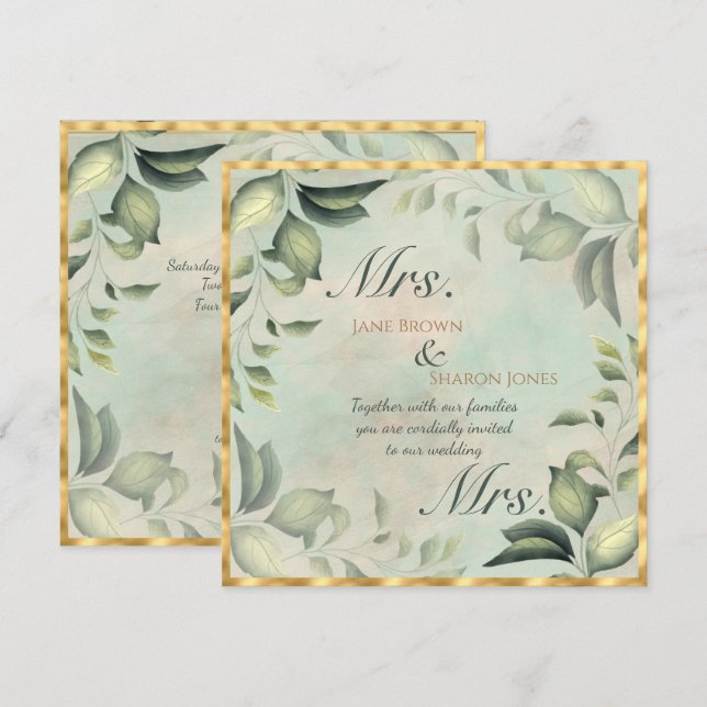 Invitación Boda Lesbiana Acuarela Verde Agua Nupcial (Anverso / Reverso)