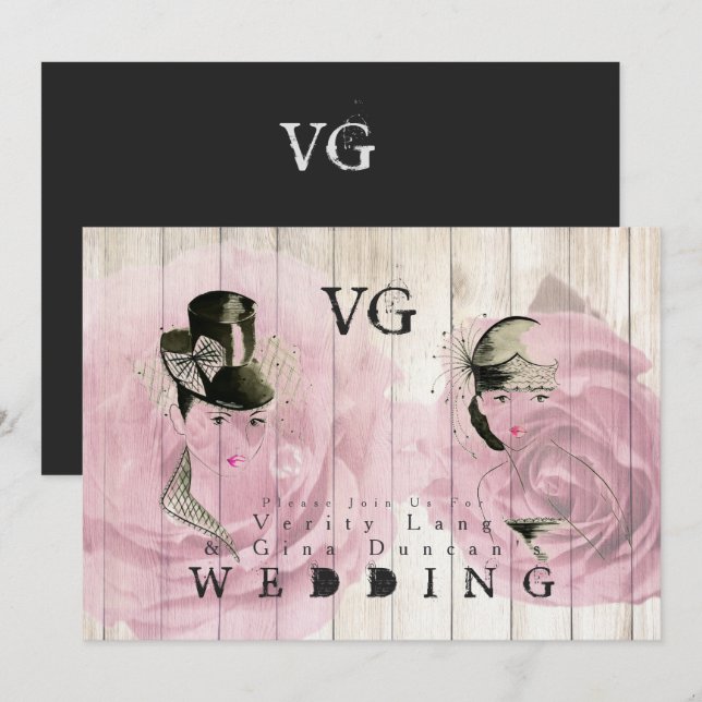 Invitación Boda Lesbiana Contemporánea Invita a Diversión Vin (Anverso / Reverso)