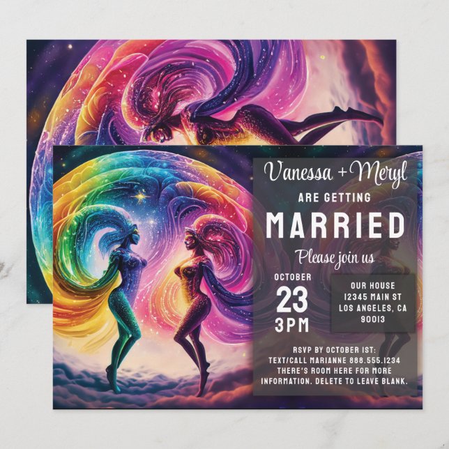 Invitación Boda lesbiana de energía femenina en el arco iris  (Anverso / Reverso)