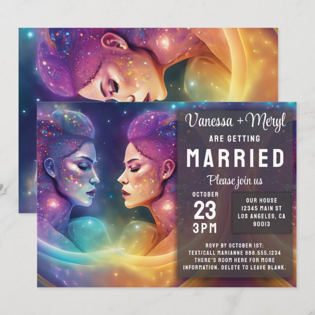 Invitación Boda lesbiana de energía femenina en el arco iris  (Anverso / Reverso)