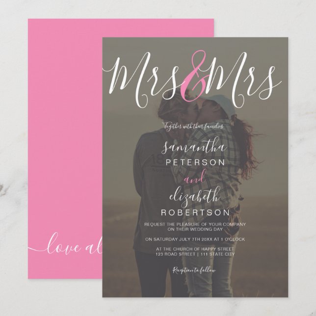 Invitación Boda lesbiana de guion mrs moderna con foto rosa (Anverso / Reverso)