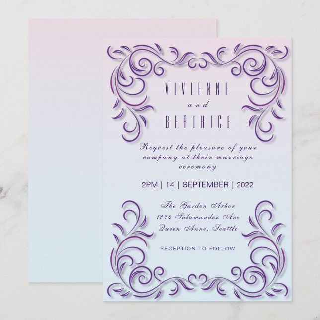 Invitación Boda lesbiana decorativa Boho lilac (Anverso / Reverso)