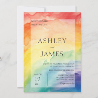 Invitación Boda lesbiana gay arcoiris color de agua LGBTQ