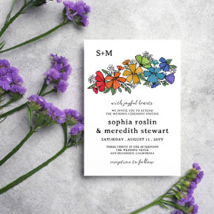 Invitación Boda LGBT monograma de flores de arcoiris del orgu