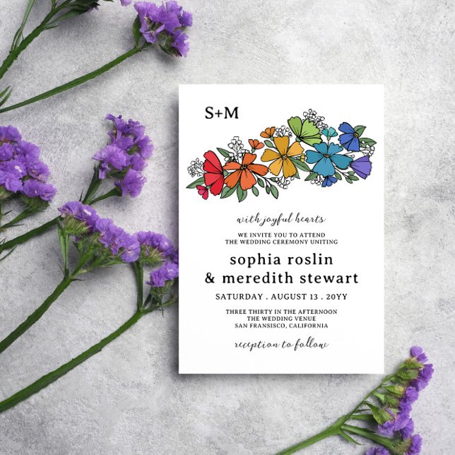 Invitación Boda LGBT monograma de flores de arcoiris del orgu (Subido por el creador)