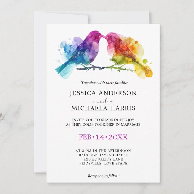 Invitación boda 🌈 LGBTQ Rainbow Lovebirds (Anverso)