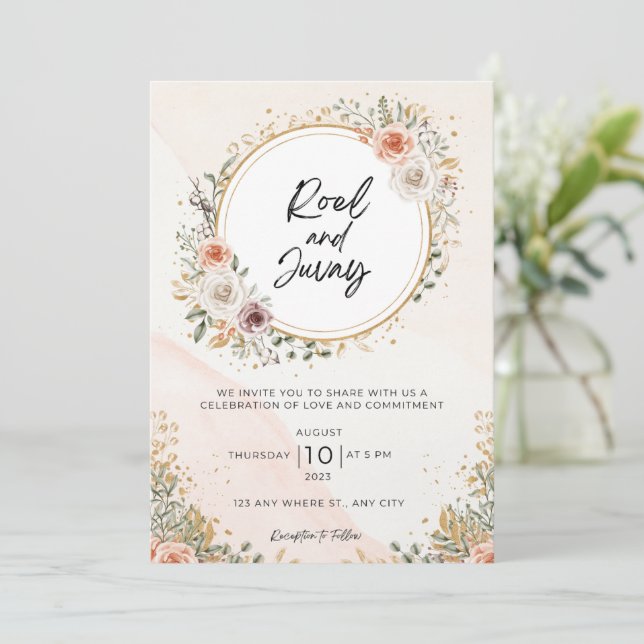 Invitación Boda libre de floral de acuarela blanca y rusa (Anverso de pie)