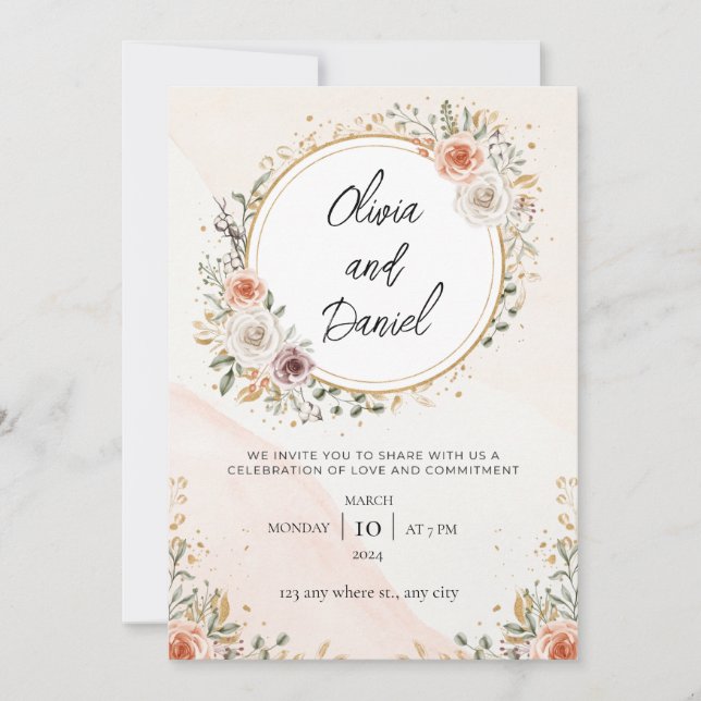 Invitación Boda libre de floral de acuarela blanca y rusa (Anverso)