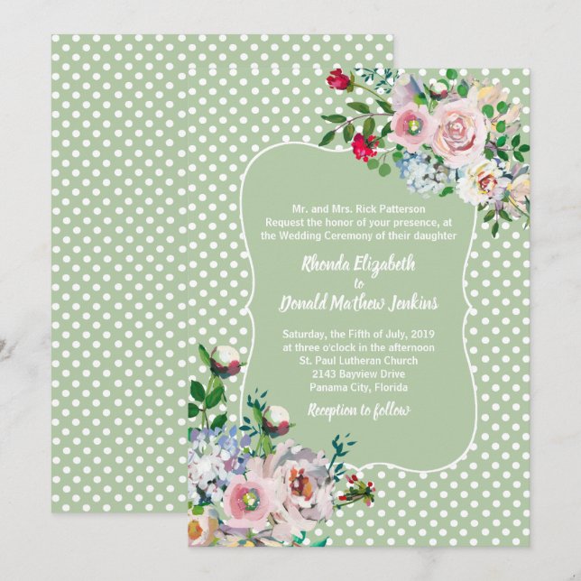 Invitación Boda Light Sage con Puntos Blancos y Flores (Anverso / Reverso)