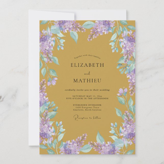 Invitación Boda Lila de Wisteria Dorada (Anverso)
