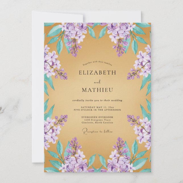 Invitación Boda Lila Majestuosa Dorada (Anverso)