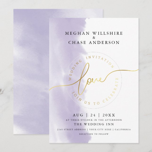 Invitación BODA | Lila Violeta Acuarela  (Anverso / Reverso)