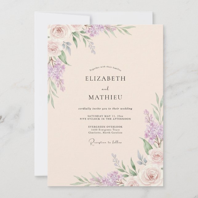 Invitación Boda Lila Wisteria Melocotón (Anverso)