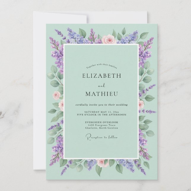 Invitación Boda Lila Wisteria Menta (Anverso)