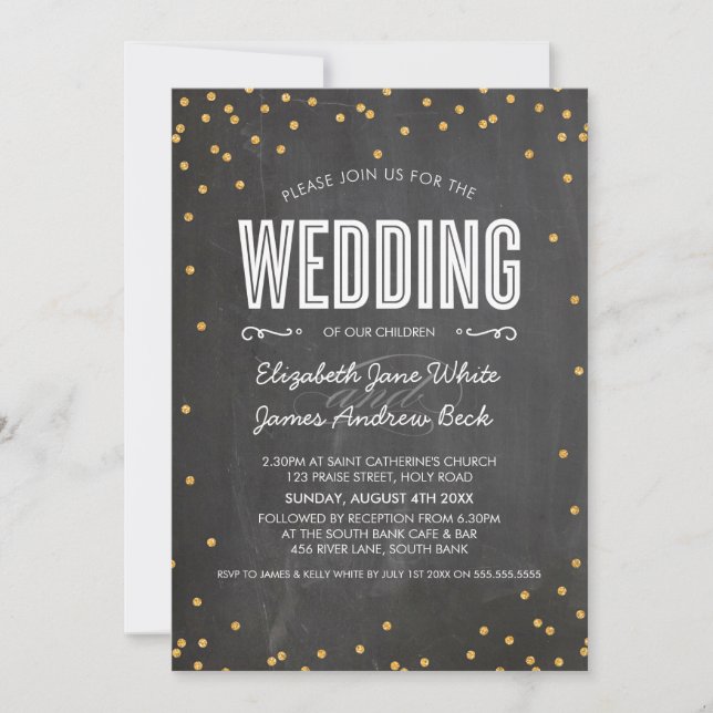 Invitación BODA lindo purpurina de oro confetti tiza gris (Anverso)